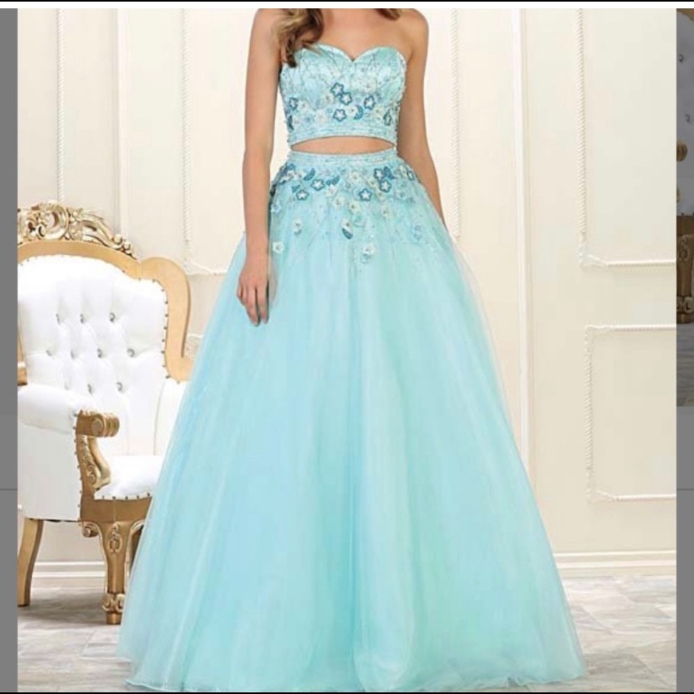 Aqua floral embroidered cutout strapless dress